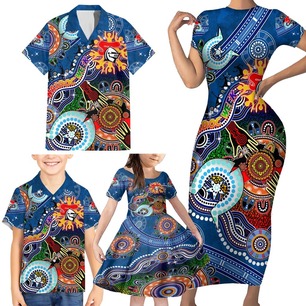 Personalised Knights NAIDOC Week 2024 Family Matching Short Sleeve Bodycon Dress and Hawaiian Shirt Australia Aboriginal Dot Painting