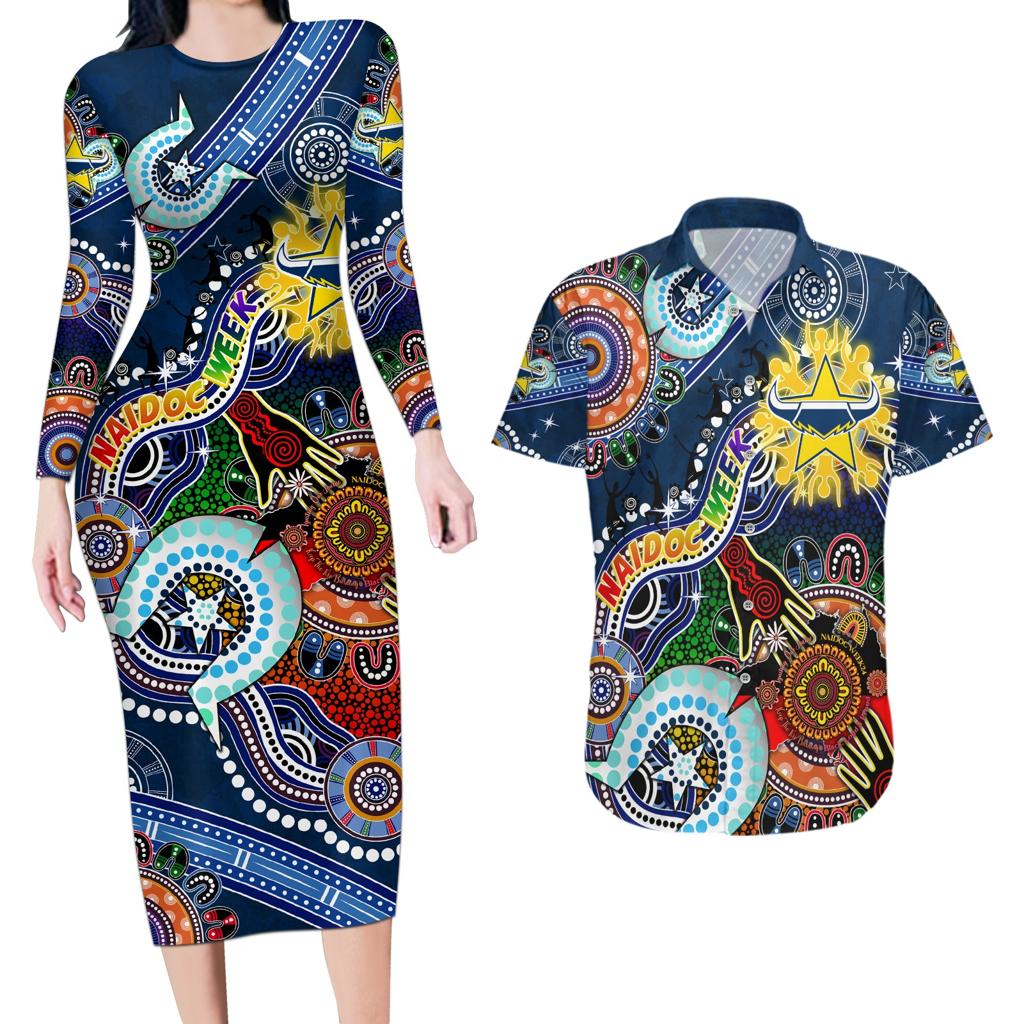 Personalised Cowboys NAIDOC Week 2024 Couples Matching Long Sleeve Bodycon Dress and Hawaiian Shirt Australia Aboriginal Dot Painting