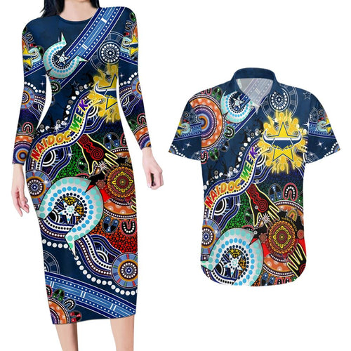 Personalised Cowboys NAIDOC Week 2024 Couples Matching Long Sleeve Bodycon Dress and Hawaiian Shirt Australia Aboriginal Dot Painting