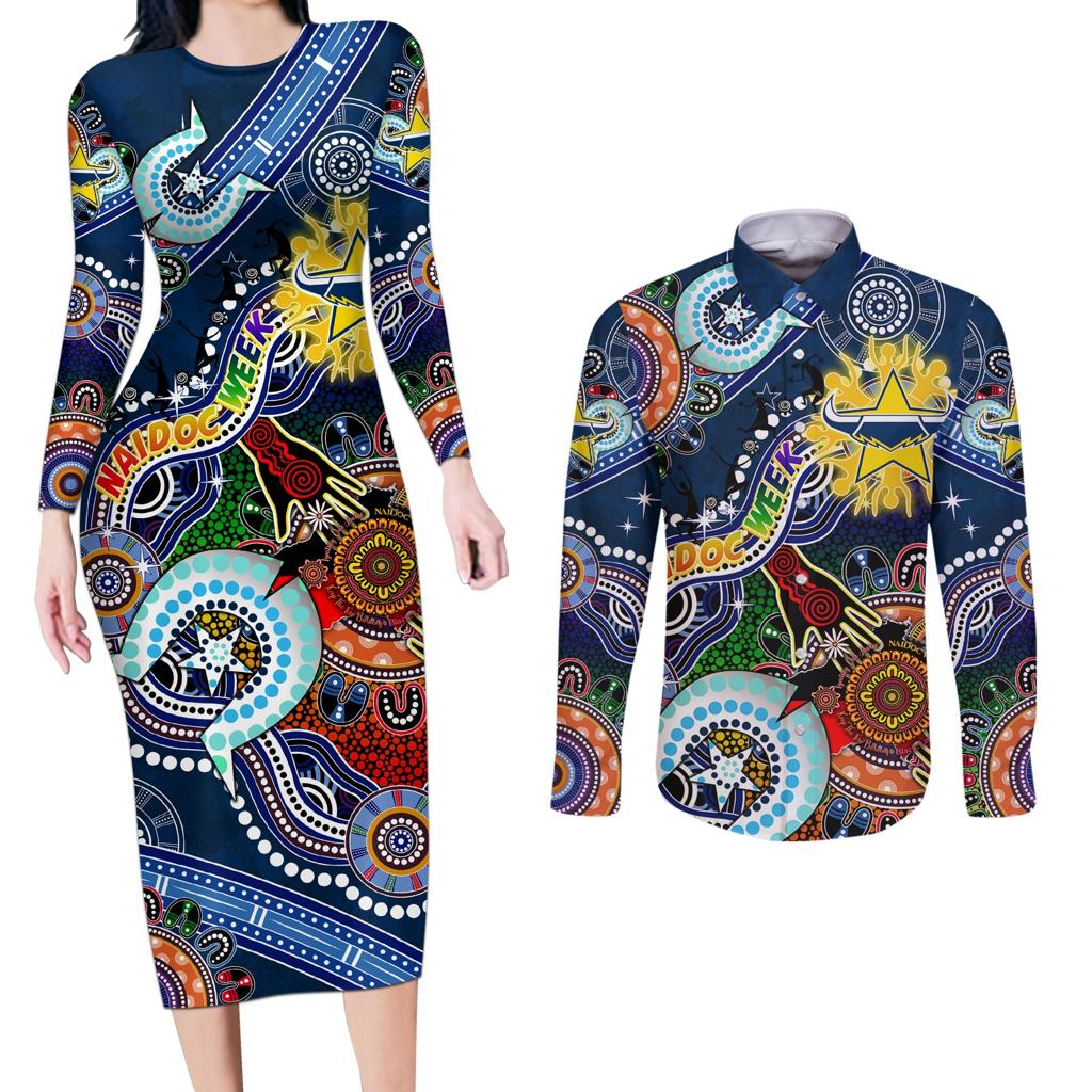 Personalised Cowboys NAIDOC Week 2024 Couples Matching Long Sleeve Bodycon Dress and Long Sleeve Button Shirt Australia Aboriginal Dot Painting