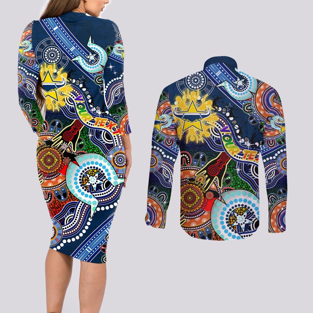 Personalised Cowboys NAIDOC Week 2024 Couples Matching Long Sleeve Bodycon Dress and Long Sleeve Button Shirt Australia Aboriginal Dot Painting