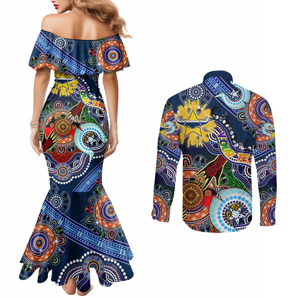 Personalised Cowboys NAIDOC Week 2024 Couples Matching Mermaid Dress and Long Sleeve Button Shirt Australia Aboriginal Dot Painting