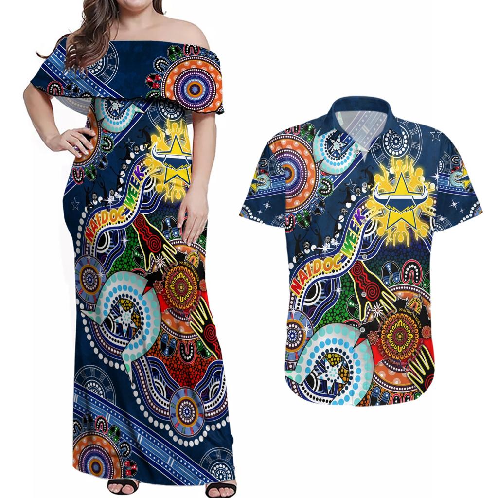 Personalised Cowboys NAIDOC Week 2024 Couples Matching Off Shoulder Maxi Dress and Hawaiian Shirt Australia Aboriginal Dot Painting