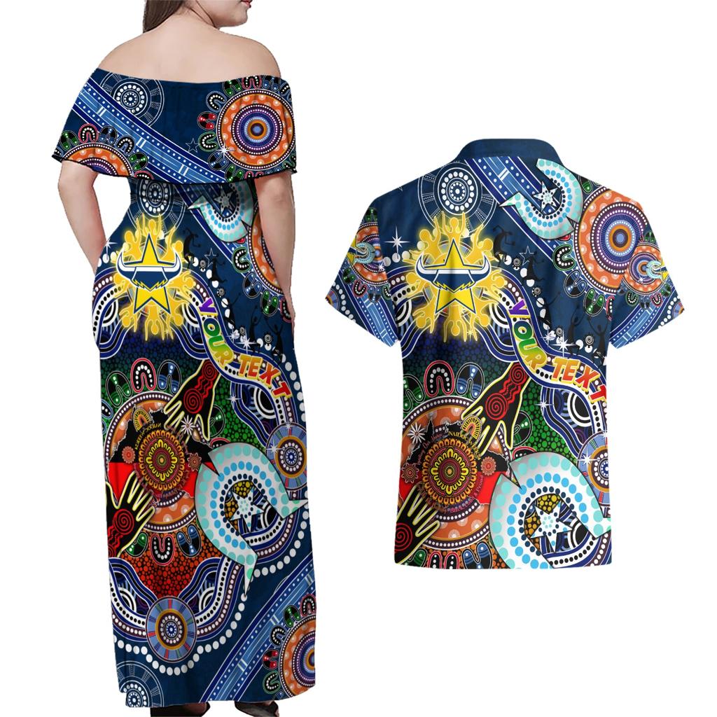 Personalised Cowboys NAIDOC Week 2024 Couples Matching Off Shoulder Maxi Dress and Hawaiian Shirt Australia Aboriginal Dot Painting