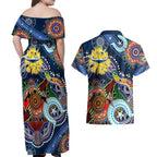 Personalised Cowboys NAIDOC Week 2024 Couples Matching Off Shoulder Maxi Dress and Hawaiian Shirt Australia Aboriginal Dot Painting