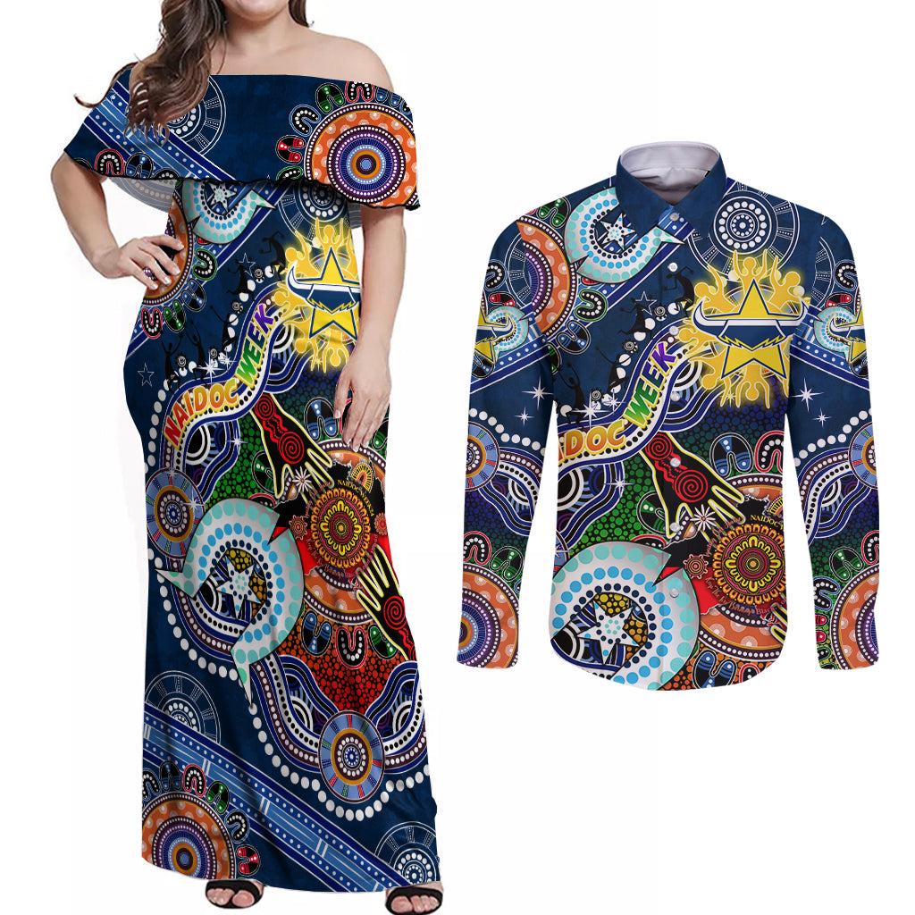 Personalised Cowboys NAIDOC Week 2024 Couples Matching Off Shoulder Maxi Dress and Long Sleeve Button Shirt Australia Aboriginal Dot Painting