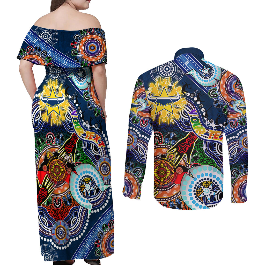 Personalised Cowboys NAIDOC Week 2024 Couples Matching Off Shoulder Maxi Dress and Long Sleeve Button Shirt Australia Aboriginal Dot Painting