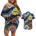 Personalised Cowboys NAIDOC Week 2024 Couples Matching Off Shoulder Short Dress and Hawaiian Shirt Australia Aboriginal Dot Painting