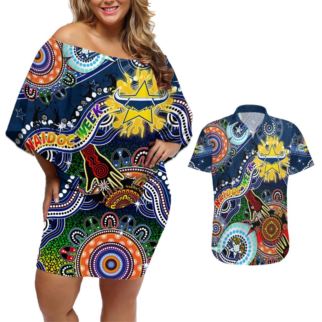 Personalised Cowboys NAIDOC Week 2024 Couples Matching Off Shoulder Short Dress and Hawaiian Shirt Australia Aboriginal Dot Painting