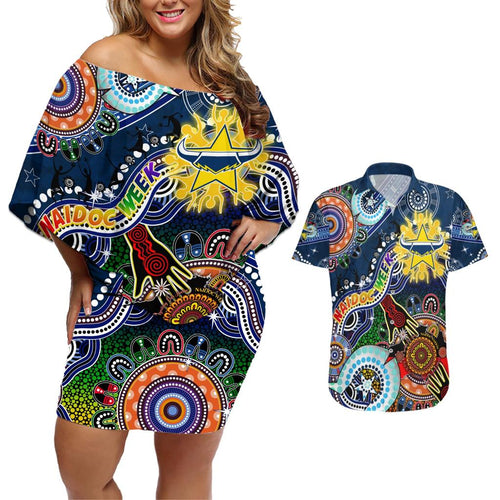 Personalised Cowboys NAIDOC Week 2024 Couples Matching Off Shoulder Short Dress and Hawaiian Shirt Australia Aboriginal Dot Painting