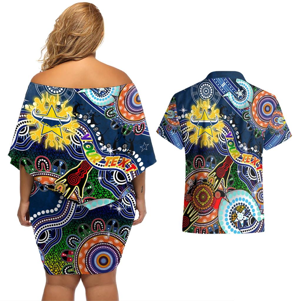 Personalised Cowboys NAIDOC Week 2024 Couples Matching Off Shoulder Short Dress and Hawaiian Shirt Australia Aboriginal Dot Painting
