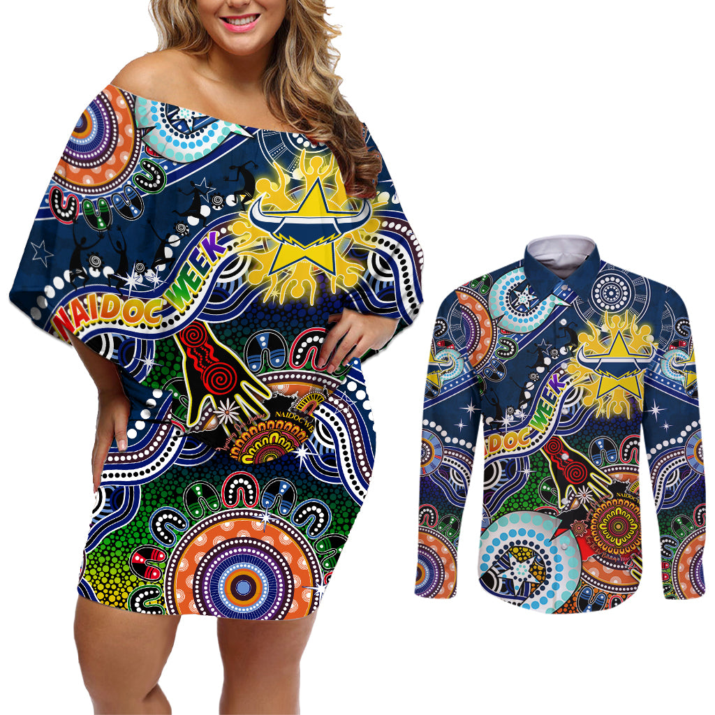 Personalised Cowboys NAIDOC Week 2024 Couples Matching Off Shoulder Short Dress and Long Sleeve Button Shirt Australia Aboriginal Dot Painting