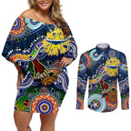 Personalised Cowboys NAIDOC Week 2024 Couples Matching Off Shoulder Short Dress and Long Sleeve Button Shirt Australia Aboriginal Dot Painting