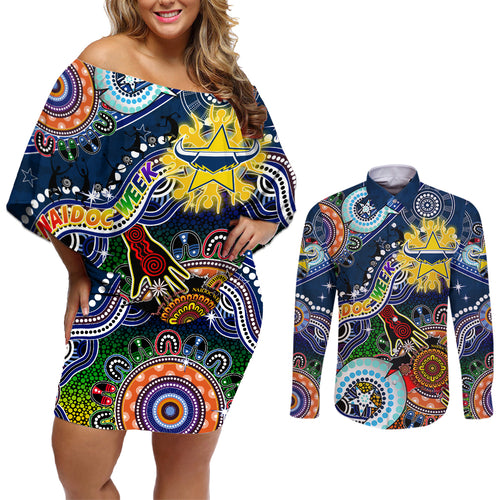 Personalised Cowboys NAIDOC Week 2024 Couples Matching Off Shoulder Short Dress and Long Sleeve Button Shirt Australia Aboriginal Dot Painting