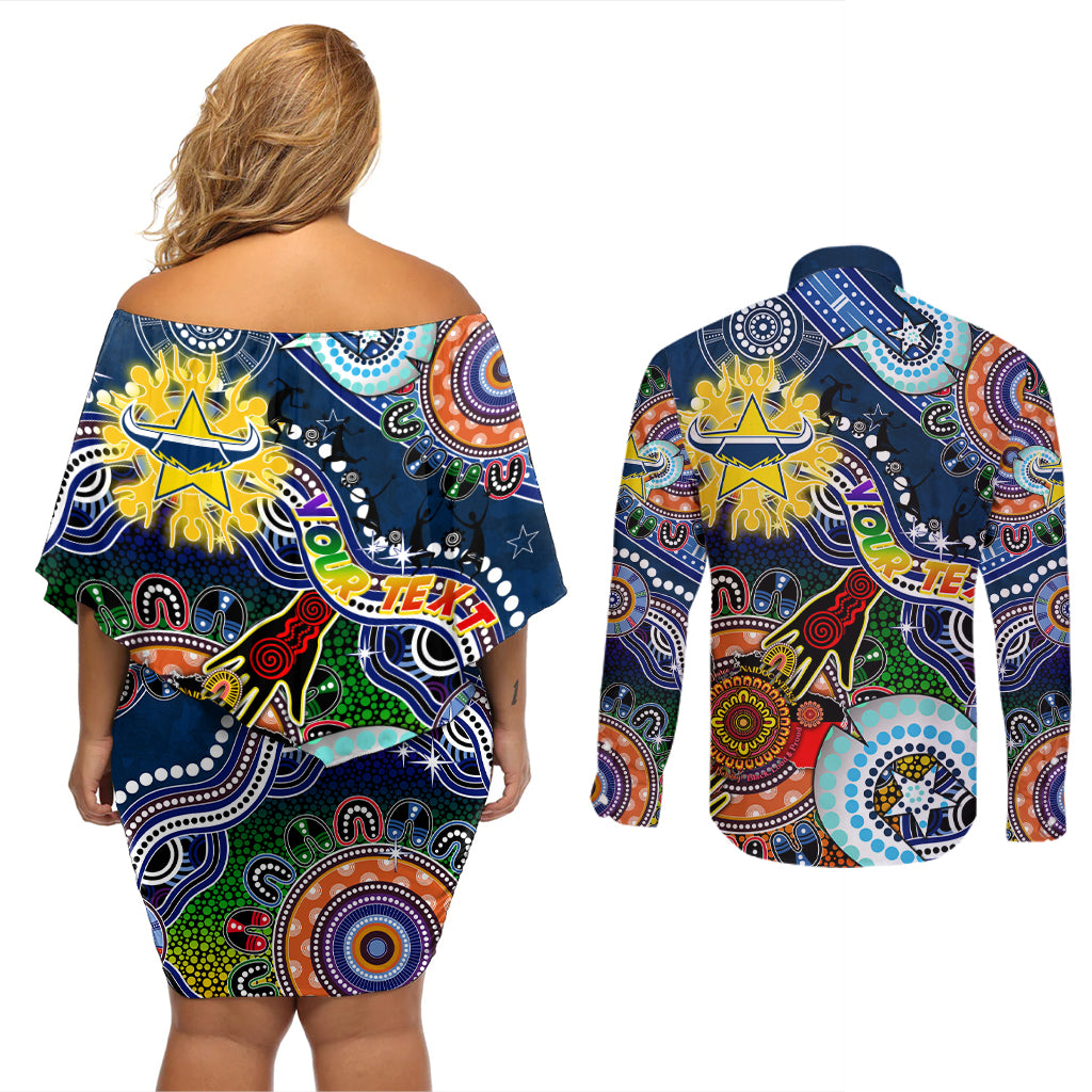Personalised Cowboys NAIDOC Week 2024 Couples Matching Off Shoulder Short Dress and Long Sleeve Button Shirt Australia Aboriginal Dot Painting