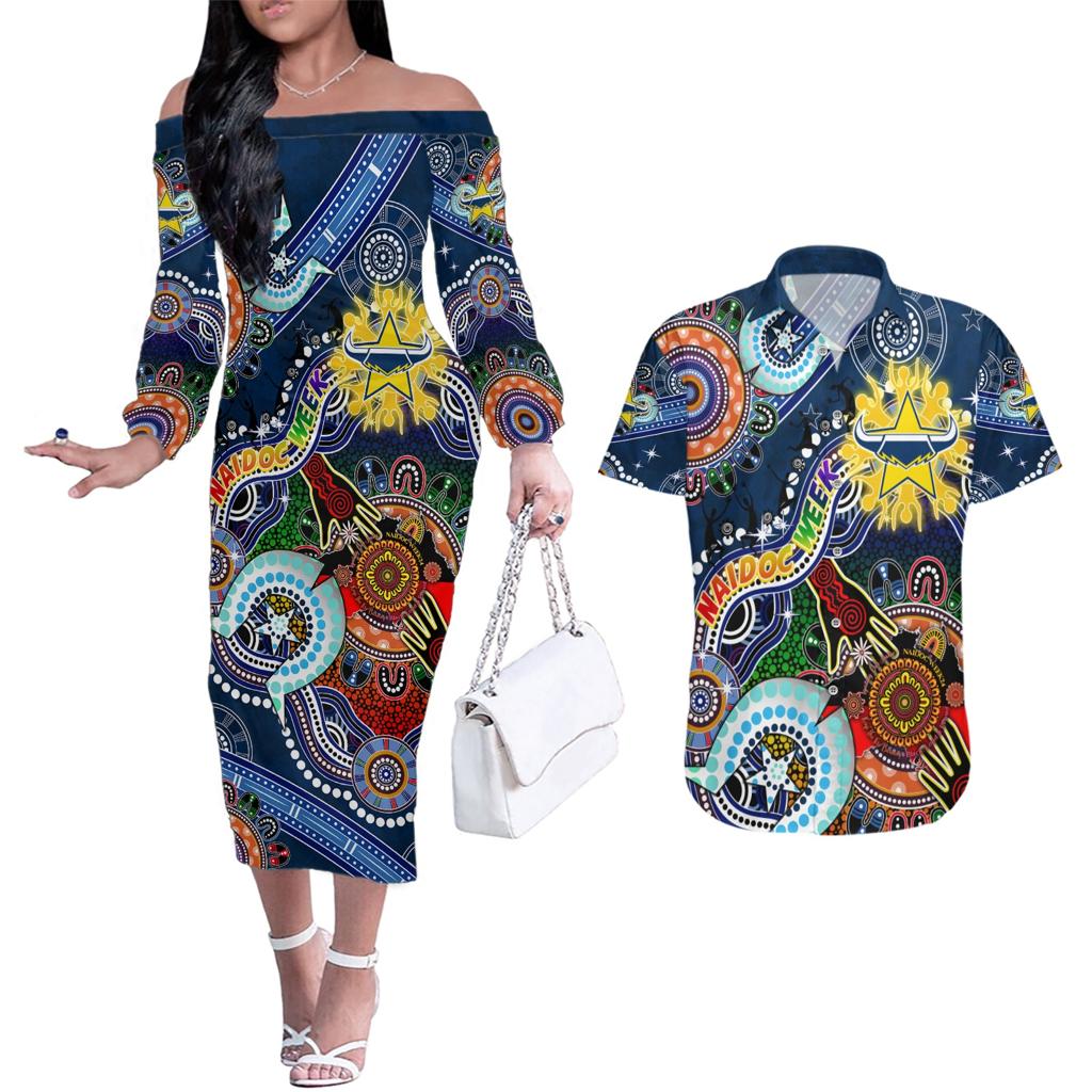 Personalised Cowboys NAIDOC Week 2024 Couples Matching Off The Shoulder Long Sleeve Dress and Hawaiian Shirt Australia Aboriginal Dot Painting