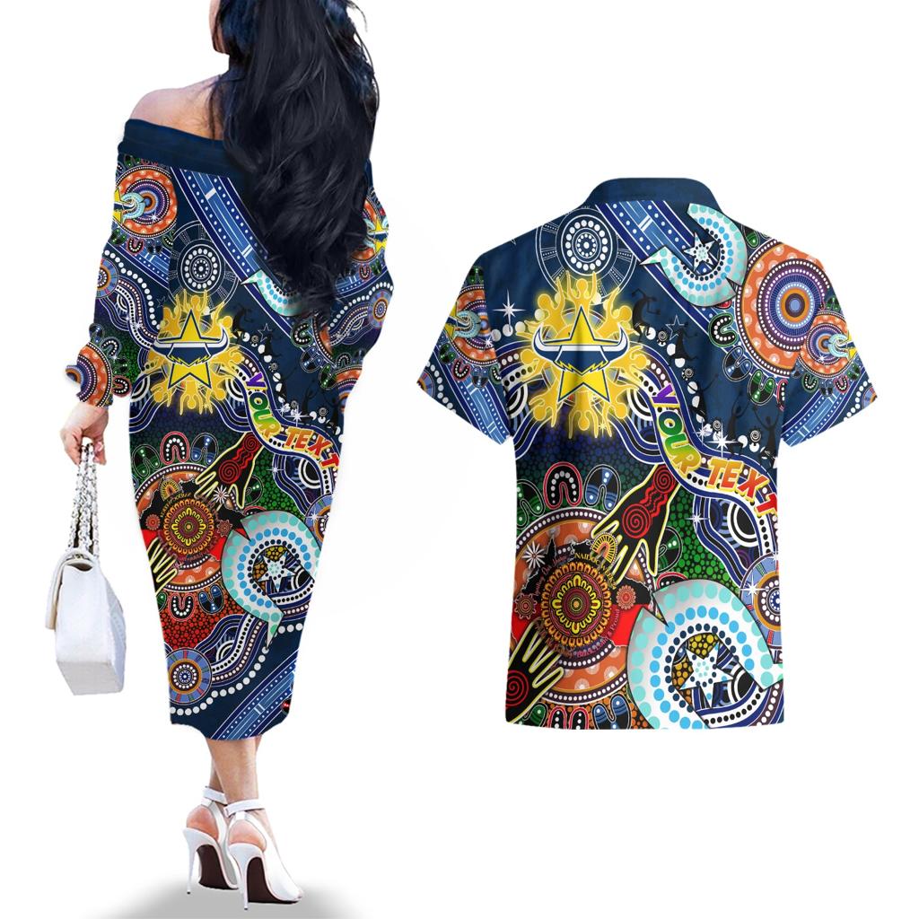 Personalised Cowboys NAIDOC Week 2024 Couples Matching Off The Shoulder Long Sleeve Dress and Hawaiian Shirt Australia Aboriginal Dot Painting