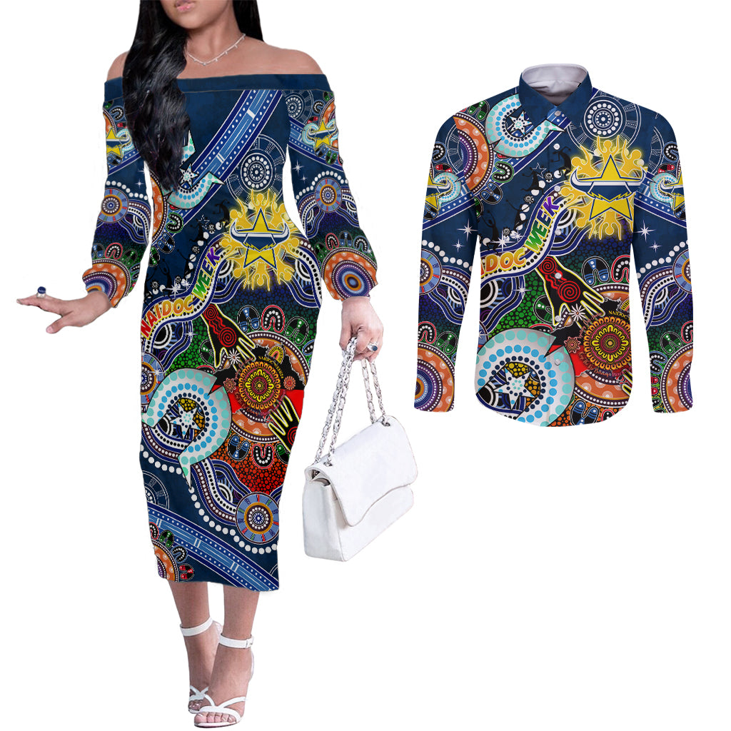 Personalised Cowboys NAIDOC Week 2024 Couples Matching Off The Shoulder Long Sleeve Dress and Long Sleeve Button Shirt Australia Aboriginal Dot Painting