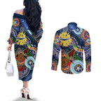 Personalised Cowboys NAIDOC Week 2024 Couples Matching Off The Shoulder Long Sleeve Dress and Long Sleeve Button Shirt Australia Aboriginal Dot Painting