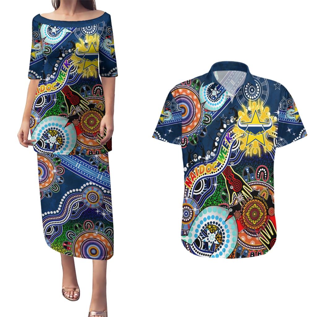 Personalised Cowboys NAIDOC Week 2024 Couples Matching Puletasi and Hawaiian Shirt Australia Aboriginal Dot Painting