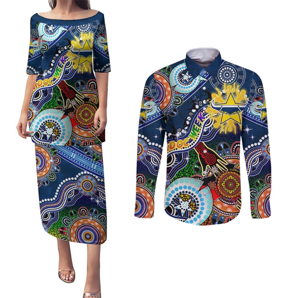Personalised Cowboys NAIDOC Week 2024 Couples Matching Puletasi and Long Sleeve Button Shirt Australia Aboriginal Dot Painting