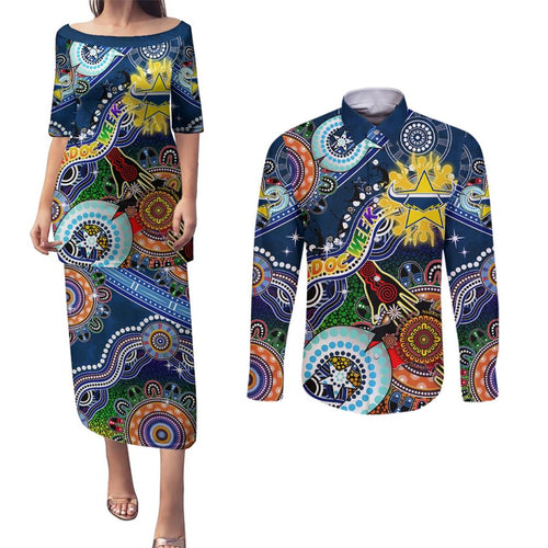 Personalised Cowboys NAIDOC Week 2024 Couples Matching Puletasi and Long Sleeve Button Shirt Australia Aboriginal Dot Painting