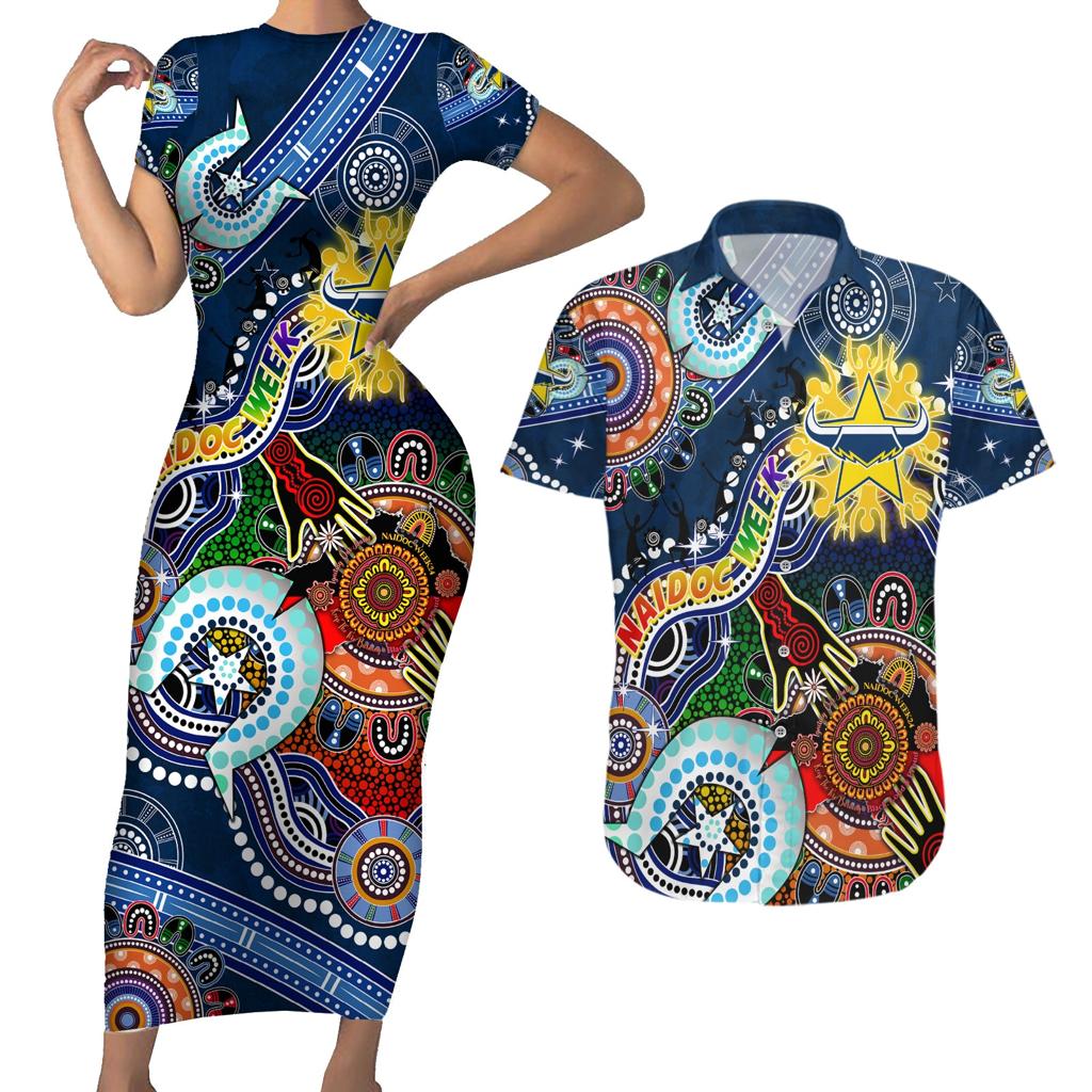 Personalised Cowboys NAIDOC Week 2024 Couples Matching Short Sleeve Bodycon Dress and Hawaiian Shirt Australia Aboriginal Dot Painting