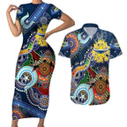 Personalised Cowboys NAIDOC Week 2024 Couples Matching Short Sleeve Bodycon Dress and Hawaiian Shirt Australia Aboriginal Dot Painting