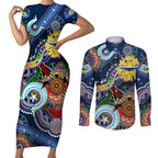 Personalised Cowboys NAIDOC Week 2024 Couples Matching Short Sleeve Bodycon Dress and Long Sleeve Button Shirt Australia Aboriginal Dot Painting