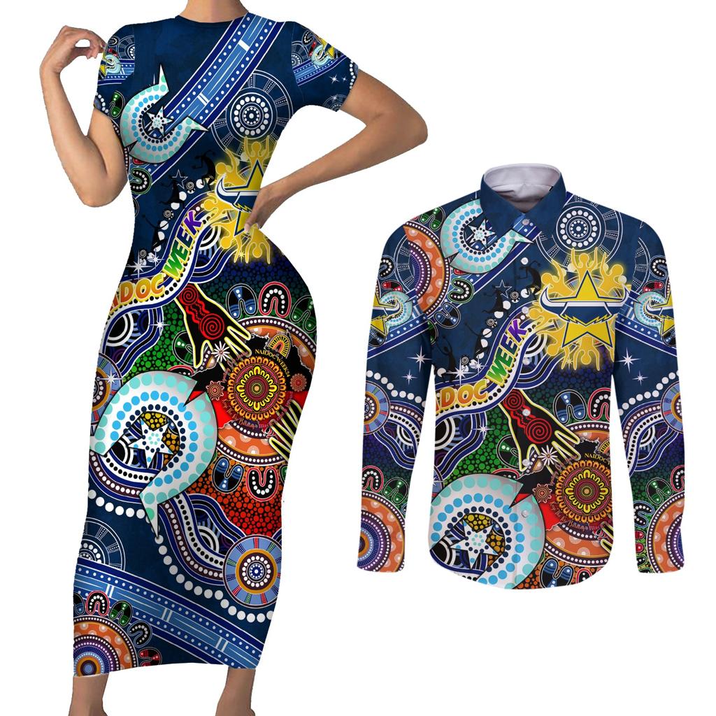 Personalised Cowboys NAIDOC Week 2024 Couples Matching Short Sleeve Bodycon Dress and Long Sleeve Button Shirt Australia Aboriginal Dot Painting