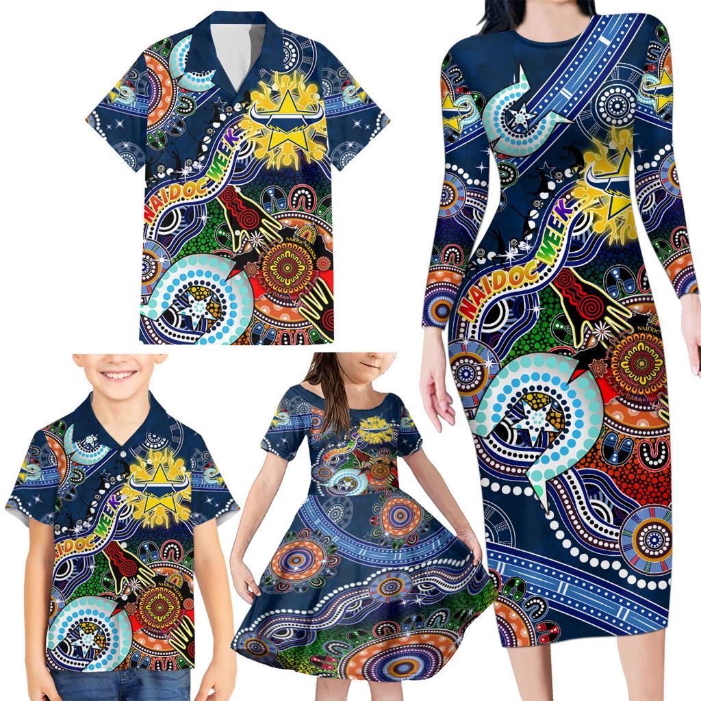 Personalised Cowboys NAIDOC Week 2024 Family Matching Long Sleeve Bodycon Dress and Hawaiian Shirt Australia Aboriginal Dot Painting