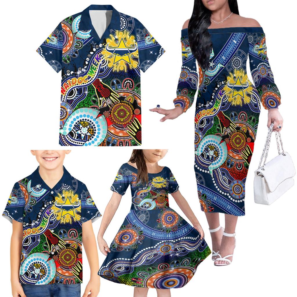 Personalised Cowboys NAIDOC Week 2024 Family Matching Off The Shoulder Long Sleeve Dress and Hawaiian Shirt Australia Aboriginal Dot Painting