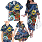 Personalised Cowboys NAIDOC Week 2024 Family Matching Off The Shoulder Long Sleeve Dress and Hawaiian Shirt Australia Aboriginal Dot Painting