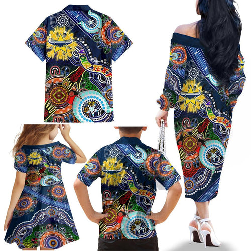 Personalised Cowboys NAIDOC Week 2024 Family Matching Off The Shoulder Long Sleeve Dress and Hawaiian Shirt Australia Aboriginal Dot Painting