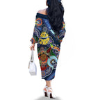 Personalised Cowboys NAIDOC Week 2024 Family Matching Off The Shoulder Long Sleeve Dress and Hawaiian Shirt Australia Aboriginal Dot Painting