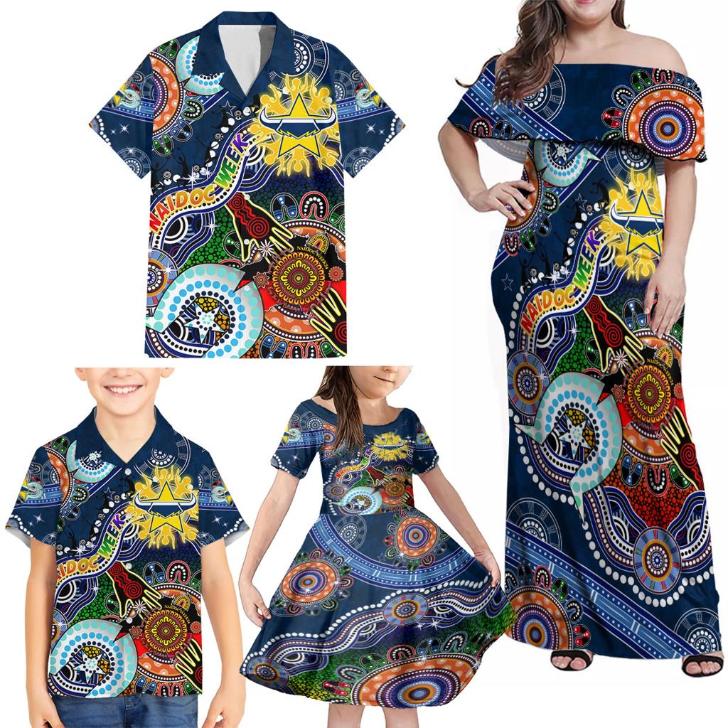 Personalised Cowboys NAIDOC Week 2024 Family Matching Off Shoulder Maxi Dress and Hawaiian Shirt Australia Aboriginal Dot Painting