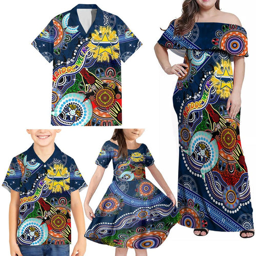 Personalised Cowboys NAIDOC Week 2024 Family Matching Off Shoulder Maxi Dress and Hawaiian Shirt Australia Aboriginal Dot Painting