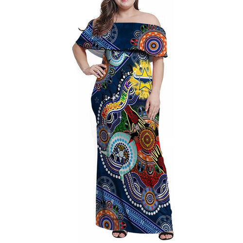 Personalised Cowboys NAIDOC Week 2024 Family Matching Off Shoulder Maxi Dress and Hawaiian Shirt Australia Aboriginal Dot Painting