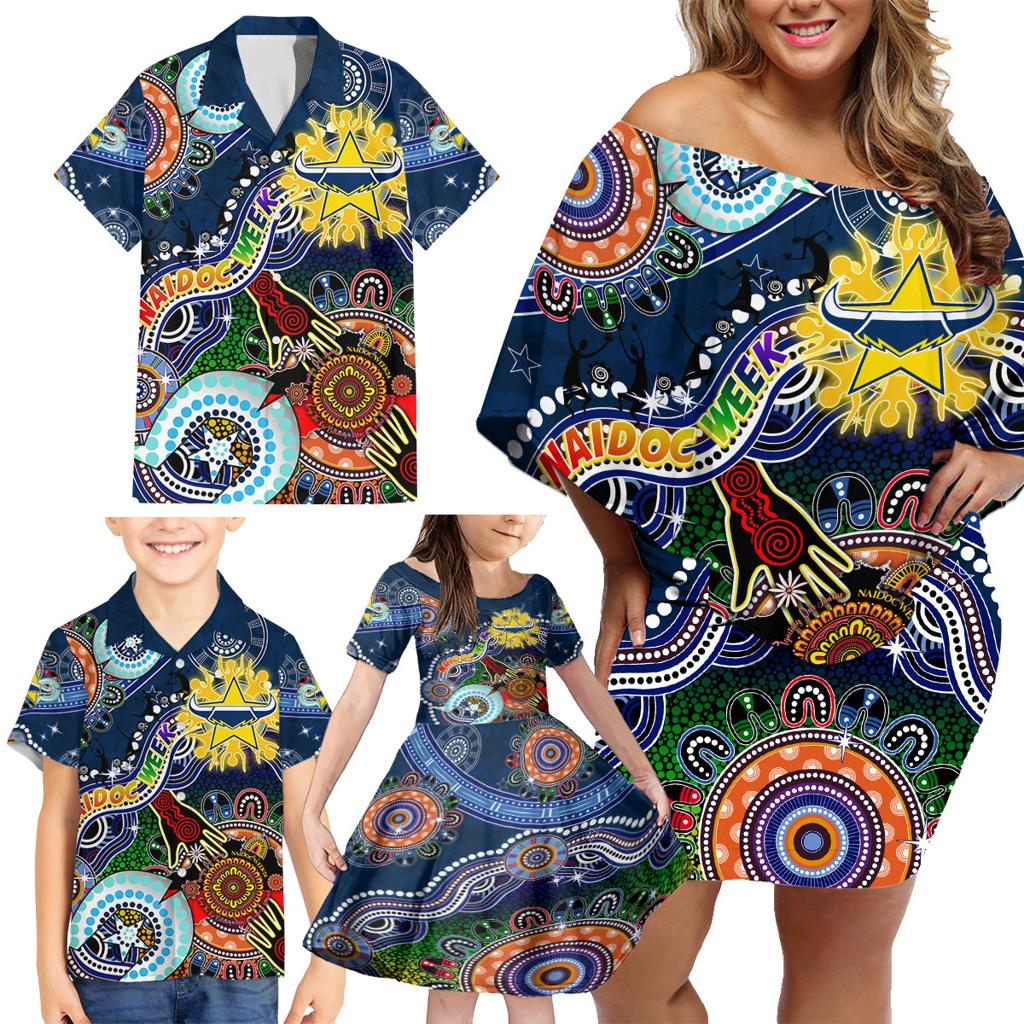 Personalised Cowboys NAIDOC Week 2024 Family Matching Off Shoulder Short Dress and Hawaiian Shirt Australia Aboriginal Dot Painting
