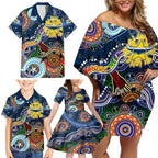 Personalised Cowboys NAIDOC Week 2024 Family Matching Off Shoulder Short Dress and Hawaiian Shirt Australia Aboriginal Dot Painting