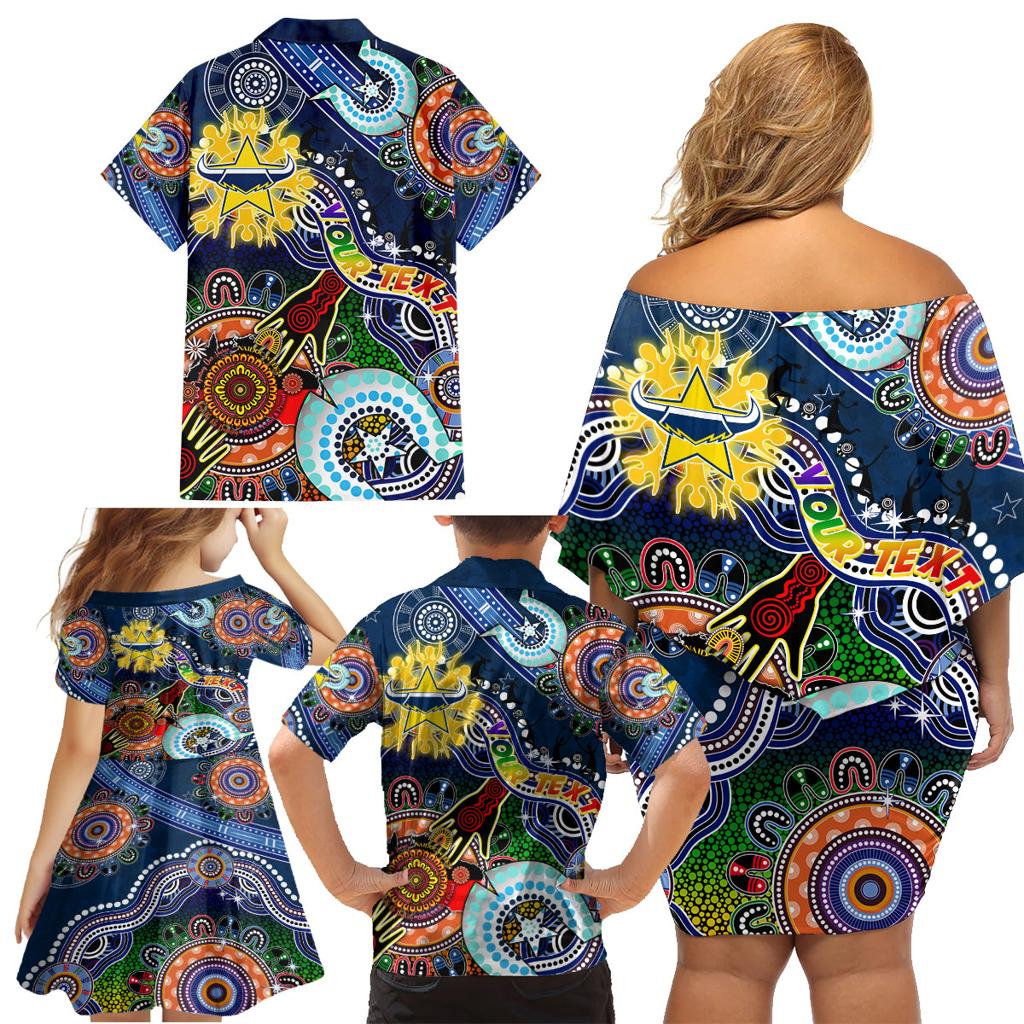 Personalised Cowboys NAIDOC Week 2024 Family Matching Off Shoulder Short Dress and Hawaiian Shirt Australia Aboriginal Dot Painting