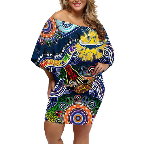 Personalised Cowboys NAIDOC Week 2024 Family Matching Off Shoulder Short Dress and Hawaiian Shirt Australia Aboriginal Dot Painting
