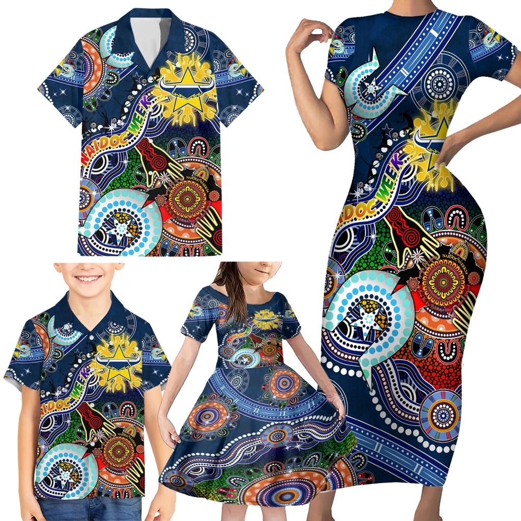 Personalised Cowboys NAIDOC Week 2024 Family Matching Short Sleeve Bodycon Dress and Hawaiian Shirt Australia Aboriginal Dot Painting