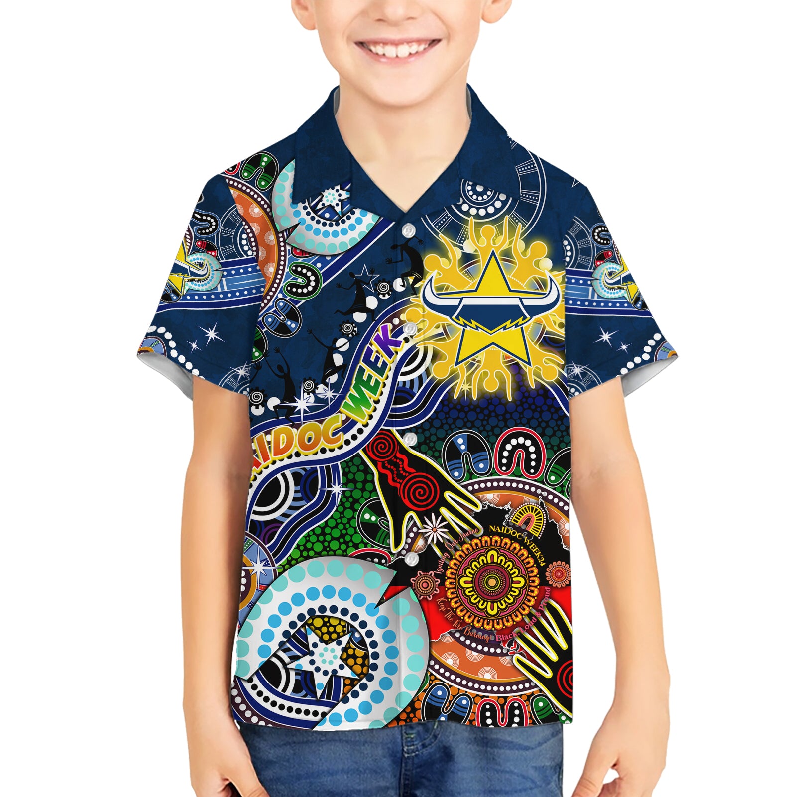 Personalised Cowboys NAIDOC Week 2024 Kid Hawaiian Shirt Australia Aboriginal Dot Painting