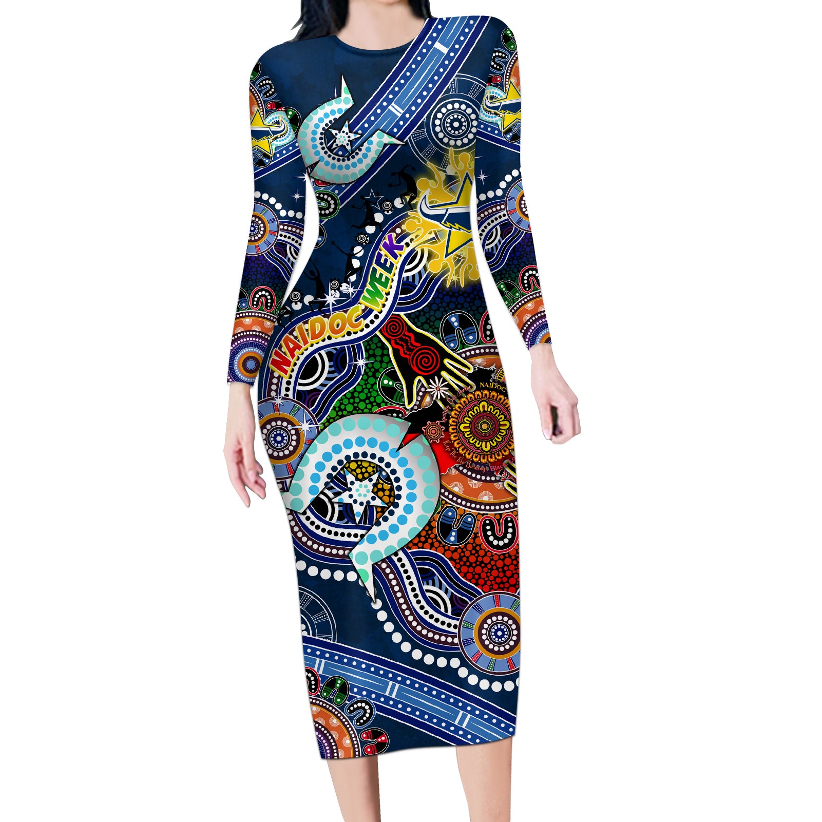 Personalised Cowboys NAIDOC Week 2024 Long Sleeve Bodycon Dress Australia Aboriginal Dot Painting