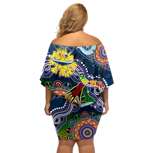 Personalised Cowboys NAIDOC Week 2024 Off Shoulder Short Dress Australia Aboriginal Dot Painting