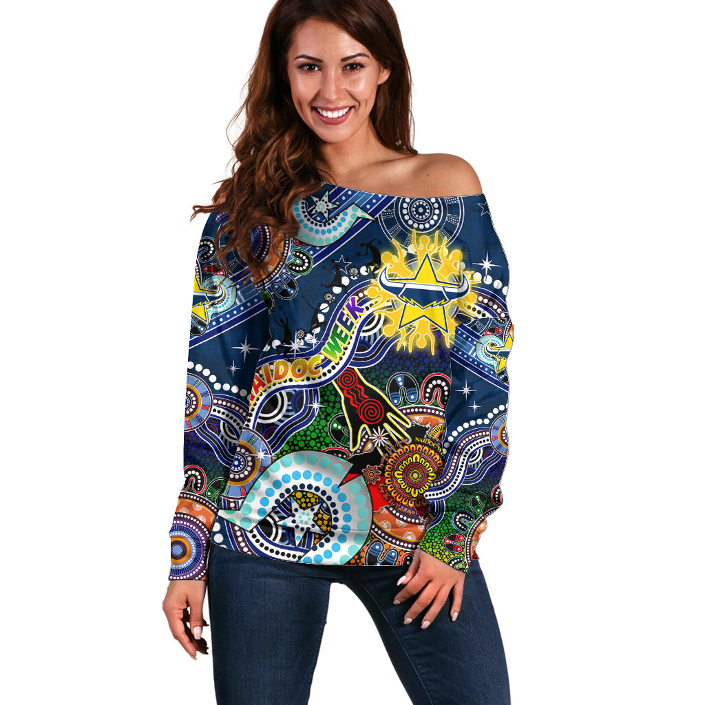 Personalised Cowboys NAIDOC Week 2024 Off Shoulder Sweater Australia Aboriginal Dot Painting