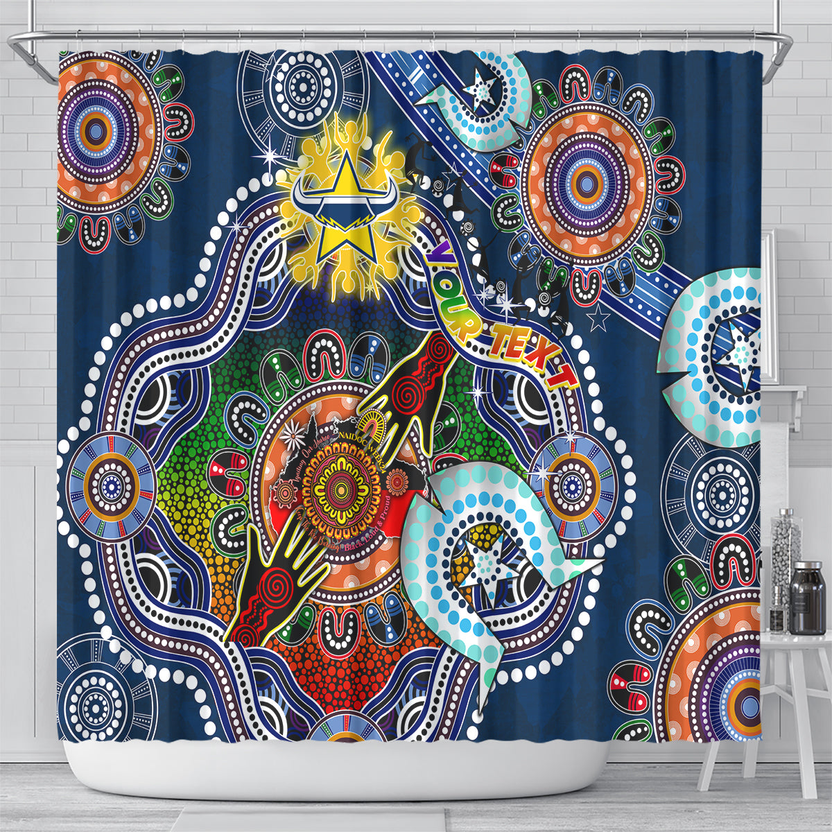 Personalised Cowboys NAIDOC Week 2024 Shower Curtain Australia Aboriginal Dot Painting