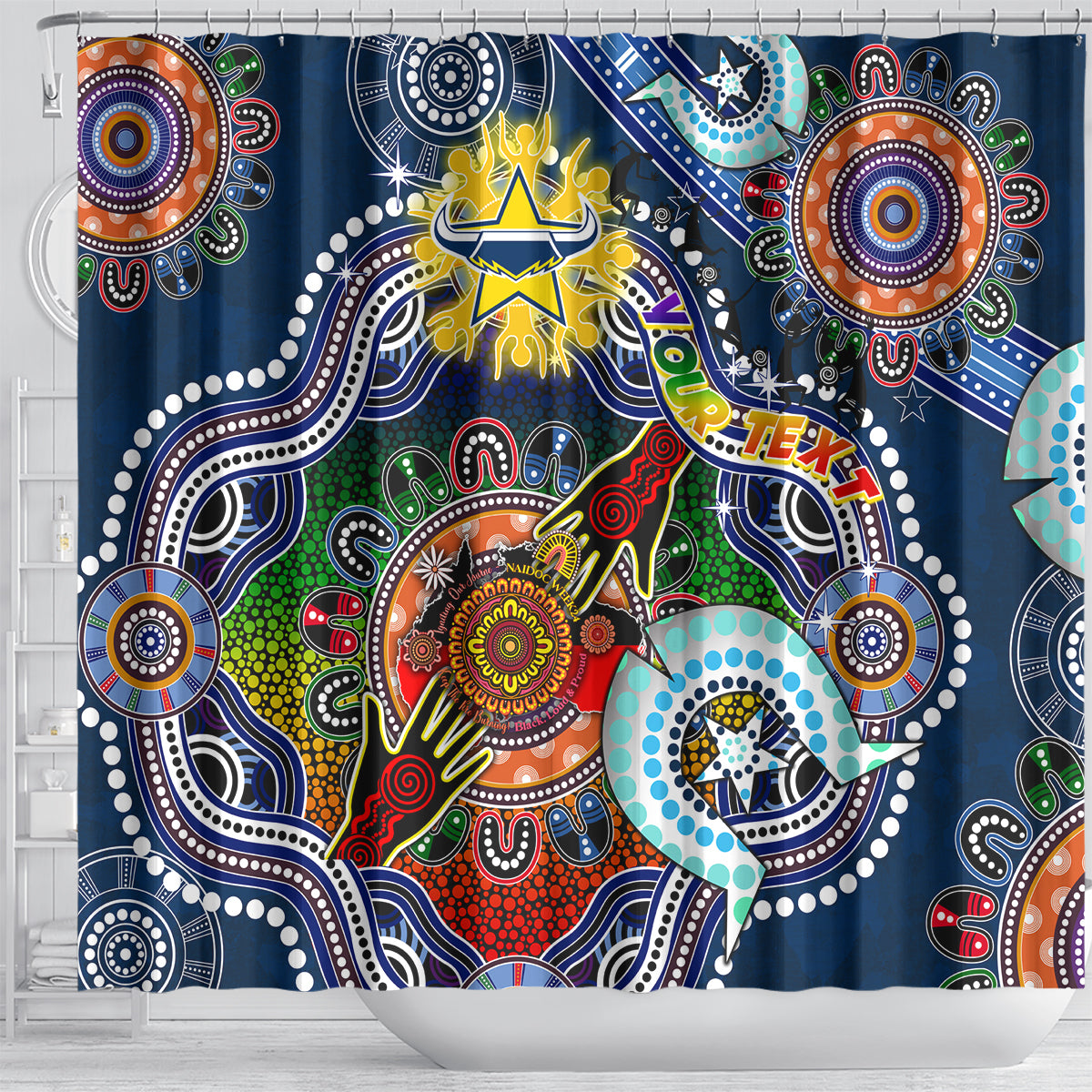 Personalised Cowboys NAIDOC Week 2024 Shower Curtain Australia Aboriginal Dot Painting