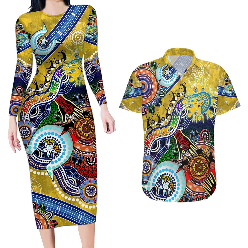 Personalised Eels NAIDOC Week 2024 Couples Matching Long Sleeve Bodycon Dress and Hawaiian Shirt Australia Aboriginal Dot Painting